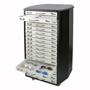 Svart finér och vitglasskåp